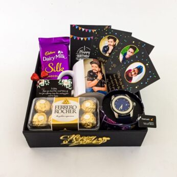 memorable happy birthday gift for boy contains chocolates, photo cards, and more