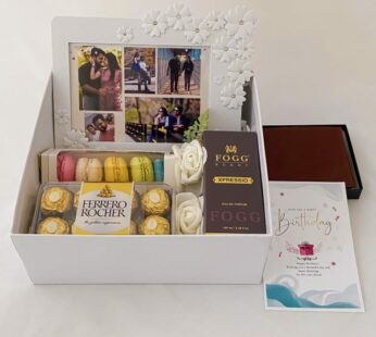 Elegant wedding anniversary gift for husband with perfume, wallet, and chocolates