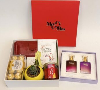 An exciting gift for marriage couple in India with a wallet, perfumes, and chocolates