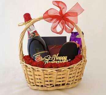 Enchanting wedding anniversary basket for husband with grape juice, wallet, & sweets
