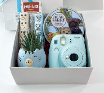 Blue & Grey Birthday Gift For Boys With Marshmallows, Coconut Biscuits, Polaroid Camera, And More