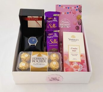 Enchanting birthday gift for girlfriend with a watch, chocolates, perfume, and more
