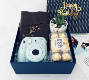 Premium birthday gifts for girlfriend filled with a Diary, Camera and greetings.