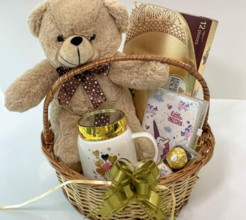 Elegant Anniversary gifts hamper for girlfriend with teddy bear and chocolates
