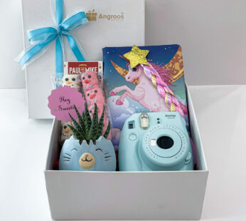 The White Unicorn Birthday Gift For Baby Girl With Chocolates, Marshmallows, Polaroid Camera, And More