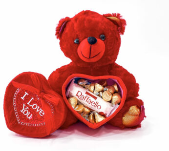 Cherry Red Valentine’s Day Teddy Bear Stuffed With Hershey’s Kisses & Ferrero Rafaello Chocolates