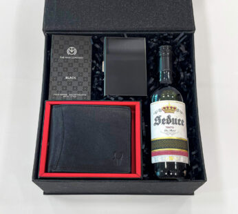 classic gift ideas for groom to be, filled with perfume, grape juice, and wallet.