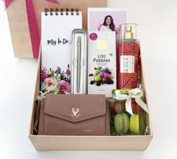 Beautified thank you gift for employee female includes perfume, clutch wallet, and more.