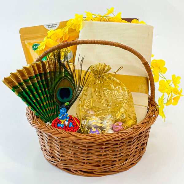 Traditional Vishu gifts for her with Banana Chips, Chocolates, and Kerala Saree - Image 2