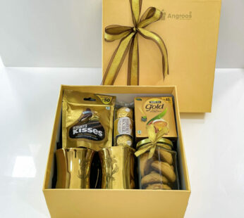Goldish-best gift for mother on her birthday contains chocolates, cookies, and mugs