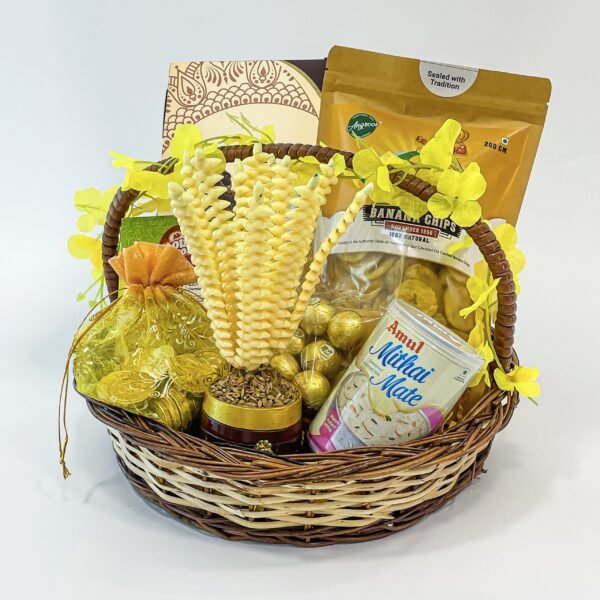 Vishu Gifts Basket With Ferrero Rocher Chocolates, Banana Chips, Chocolate kit, Chocolate Coins - Image 3