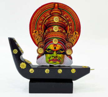 Printed Kathakali mask with wooden boat (H 8.25 x W 8 x L 1.75 inches)