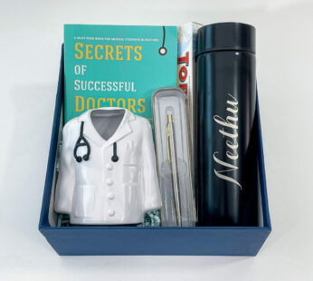 Doctors day gift ideas contain Doctor themed pen stand, Bottle, and a book