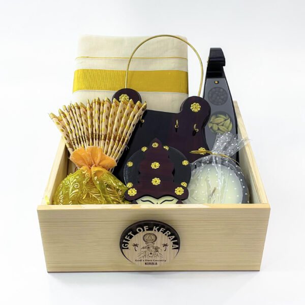 Conventional Kerala gift hamper embellished with Kerala mundu, Udayada, and more - Image 3