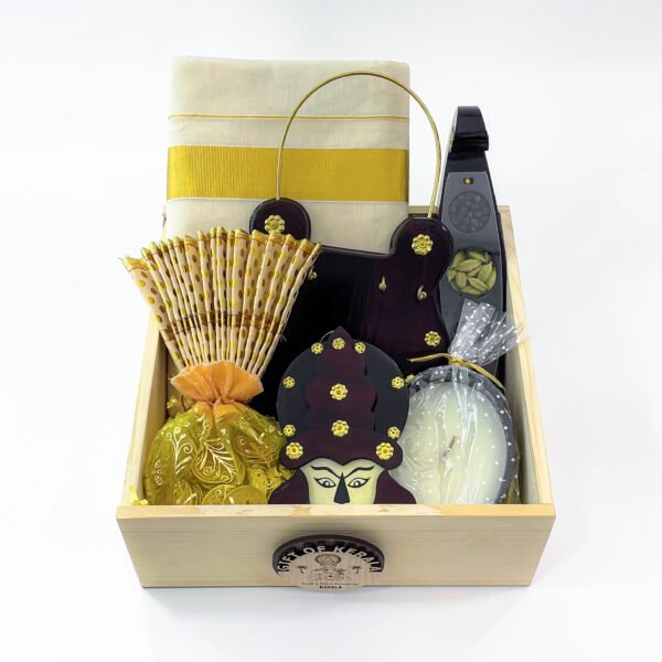 Conventional Kerala gift hamper embellished with Kerala mundu, Udayada, and more - Image 5
