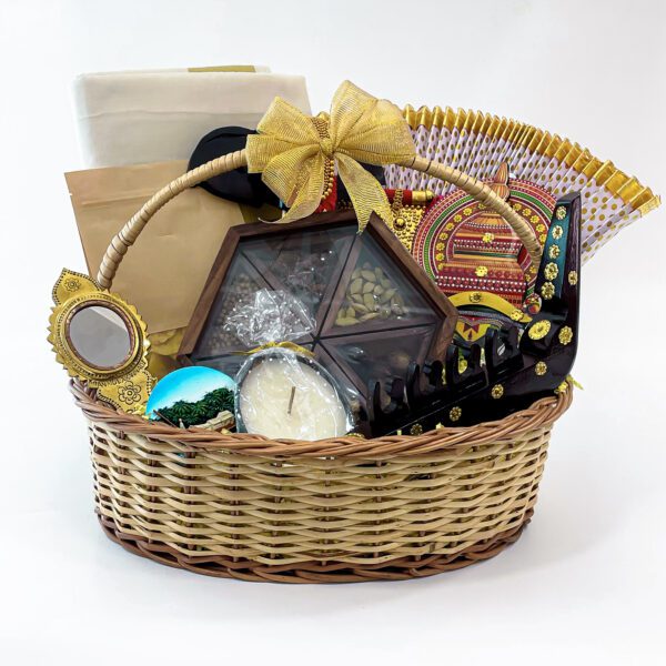Kerala gift hamper basket for women includes Kerala saree, Aranmula Kannadi, and more - Image 2