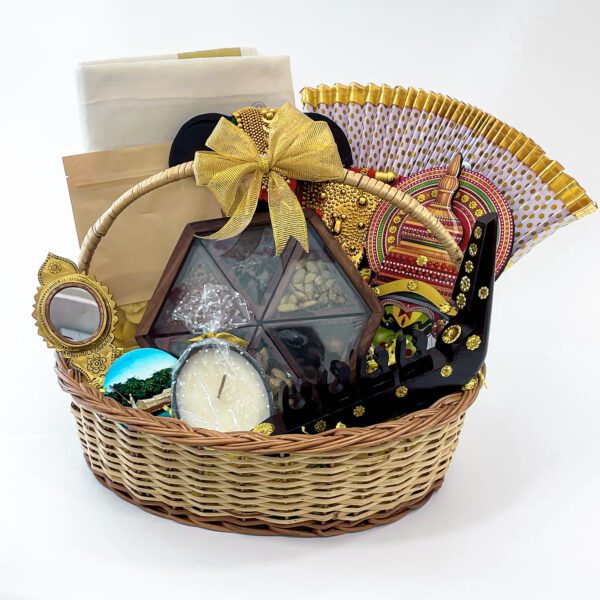 Kerala gift hamper basket for women includes Kerala saree, Aranmula Kannadi, and more - Image 3