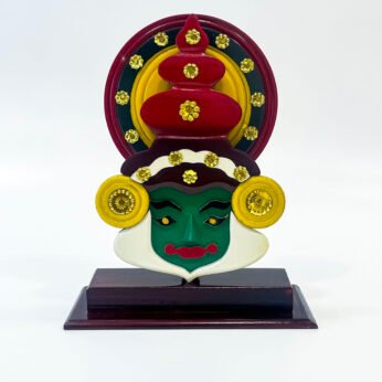 Handmade stunning multicolored kathakali face with wooden stand (9 x 7 x 3 cm)