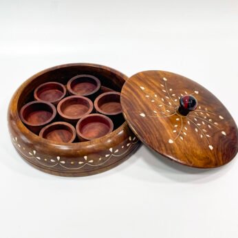 Traditional wooden round masala box with 7 containers (H 2 x W 7 x L 7 inches)