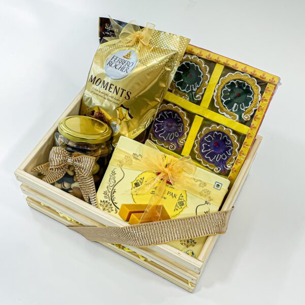 Indian Gift Hampers with Diya Set, Mixed Nuts, Ferrero Rocher, Mysore Pak, and More - Image 2