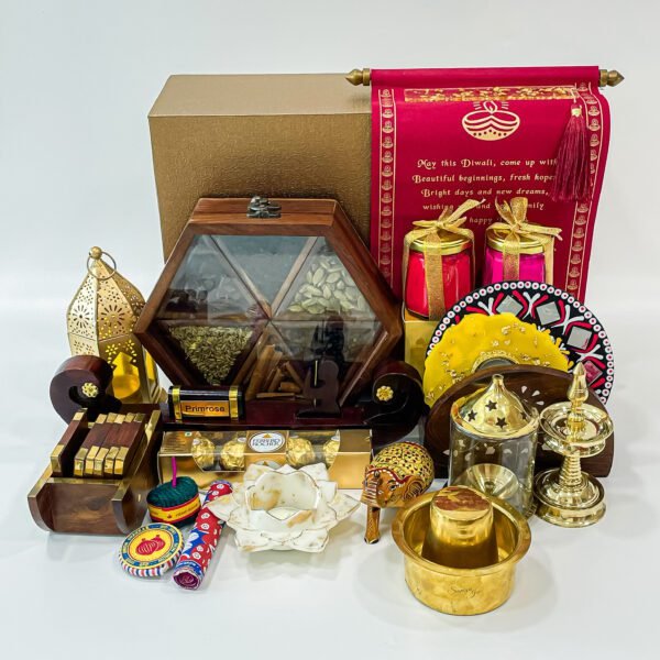 Luxury Diwali Hampers with Spices Box, Handcrafted Kerala Wooden Cargo Boat, Akhand Diya, Brass Dabara Set, and More Premium Gift Items - Image 3