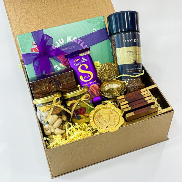 Divine Dhanteras Delights with Brass Lakshmi Diya, Metal Lakshmi Charan, Davidoff Coffee, Wooden Tea Coasters, and More - Image 2