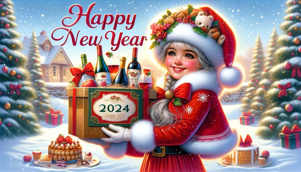 Happy new year santa girl with gift hamper