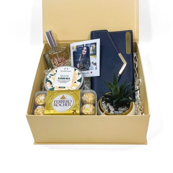 Deluxe Gift Set for Women: Perfume, Body Milk, Wallet, Chocolates, Plant, Greeting Card | 10 inches Height - Image 2