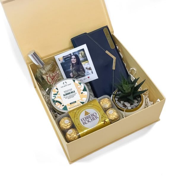 Deluxe Gift Set for Women: Perfume, Body Milk, Wallet, Chocolates, Plant, Greeting Card | 10 inches Height - Image 3