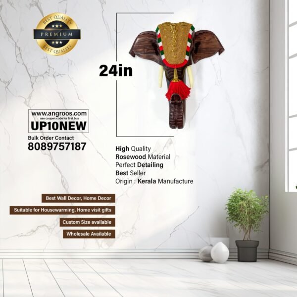 Kerala Elephant Head Wall Hanging(H-24inch,13Kg) with Nettipattam - Image 2