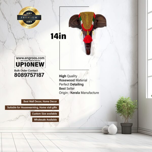 Kerala Cultural Elephant Head Wall(H-14inc,2Kg)  Décor With Nettipattam - Image 2