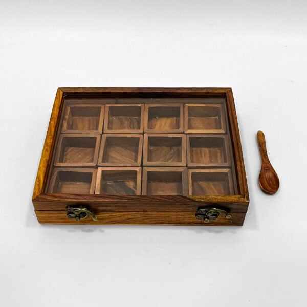 Indian Spice Box 9.9"x7.8"x7.9" | Rectangular Wooden Masala Box with 12 Compartments & Lid | Handcrafted Kitchen Organizer for Spices - Image 2