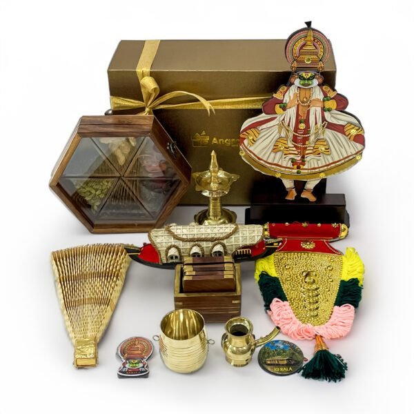 Kerala's unique gift hamper adorned with Kathakali Stand, Thiru udayada, Brass items, and more - Image 2