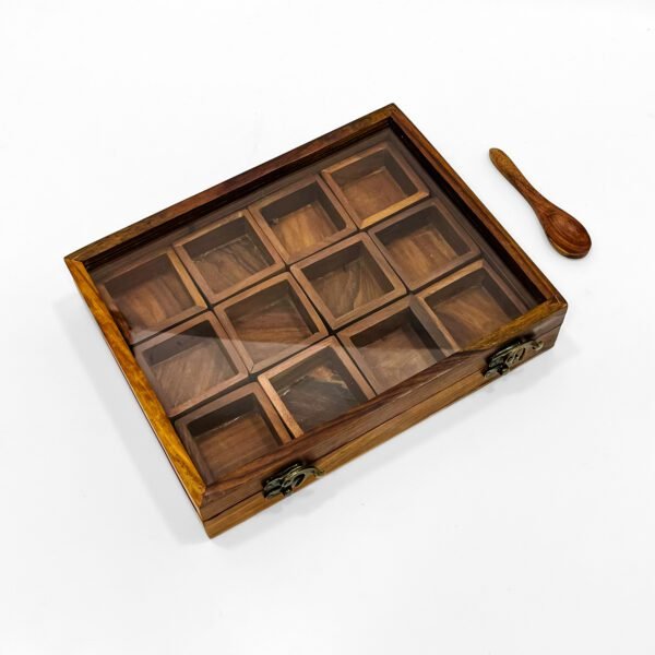 Indian Spice Box 9.9"x7.8"x7.9" | Rectangular Wooden Masala Box with 12 Compartments & Lid | Handcrafted Kitchen Organizer for Spices - Image 3