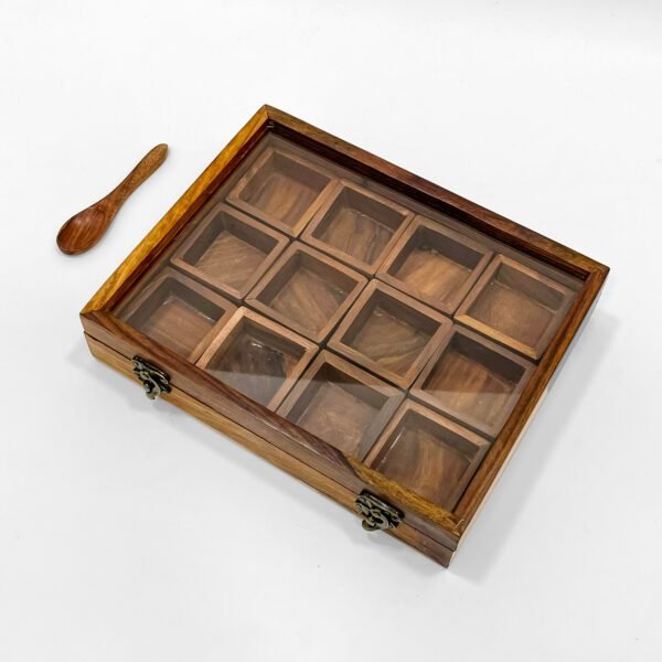 Indian Spice Box 9.9"x7.8"x7.9" | Rectangular Wooden Masala Box with 12 Compartments & Lid | Handcrafted Kitchen Organizer for Spices - Image 4