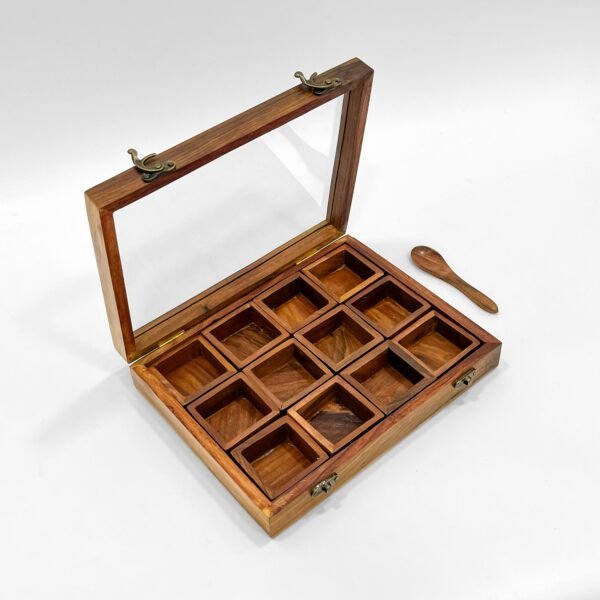 Indian Spice Box 9.9"x7.8"x7.9" | Rectangular Wooden Masala Box with 12 Compartments & Lid | Handcrafted Kitchen Organizer for Spices - Image 5