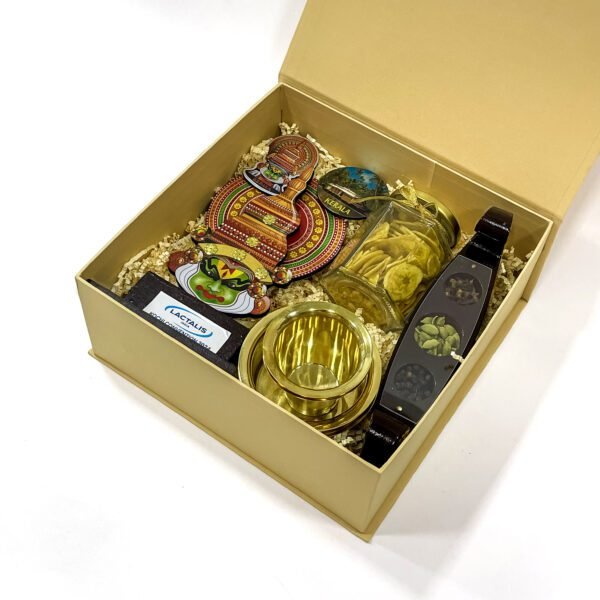 Traditional Handcrafted Gifts from Kerala filled with Kathakali stand, Brass Dabara, and more - Image 2