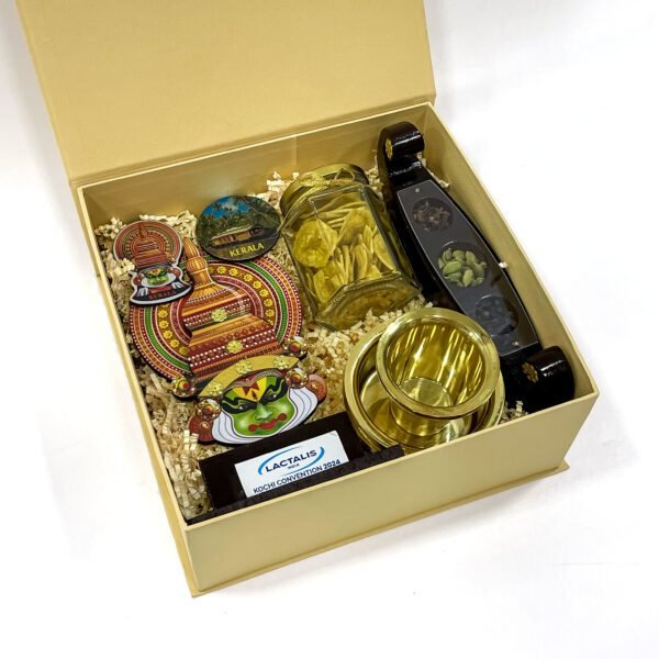Traditional Handcrafted Gifts from Kerala filled with Kathakali stand, Brass Dabara, and more - Image 3