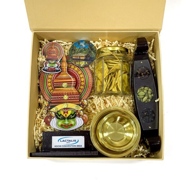 Traditional Handcrafted Gifts from Kerala filled with Kathakali stand, Brass Dabara, and more - Image 4