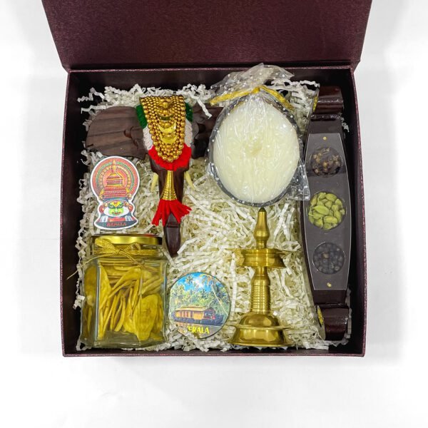 Kerala heritage gift box is filled with wooden elephant head, nilavilakku, and more - Image 3