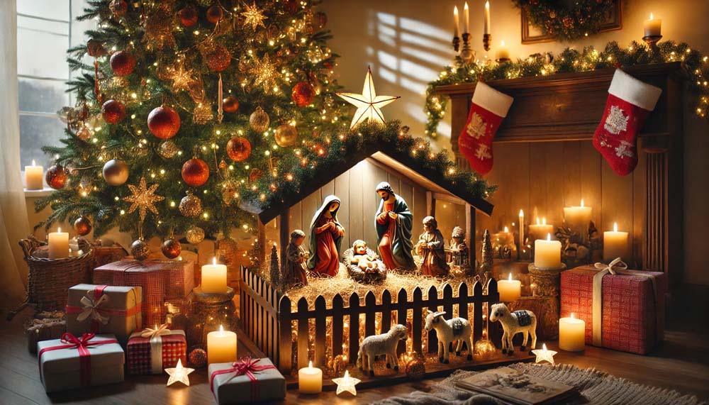A cozy Christmas crib set under a beautifully decorated Christmas tree indoors India's Favourite Online Gift Shop