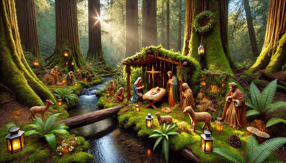 An outdoor Christmas crib scene set in a dense India's Favourite Online Gift Shop