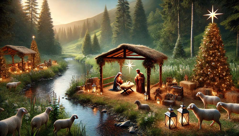 picturesque outdoor Christmas crib scene set beside a serene India's Favourite Online Gift Shop