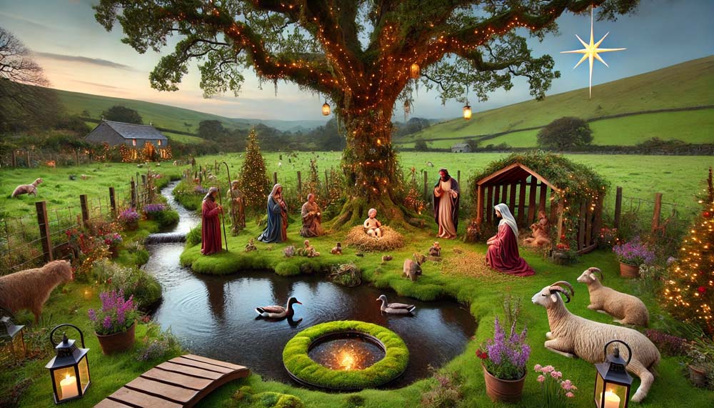 unique outdoor Christmas crib scene set in a tranquil meadow with a gently flowing India's Favourite Online Gift Shop