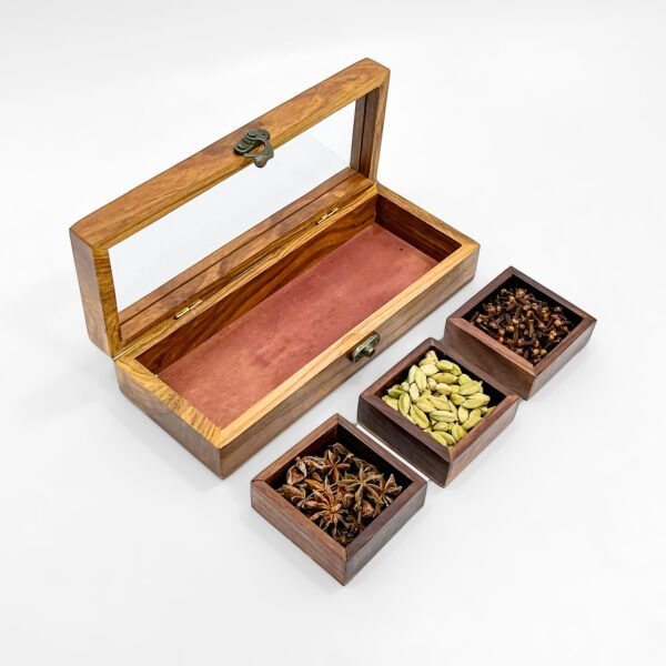 Premium Wooden Spice Box with Three Spices and a Clear Transparent Lid - Image 3