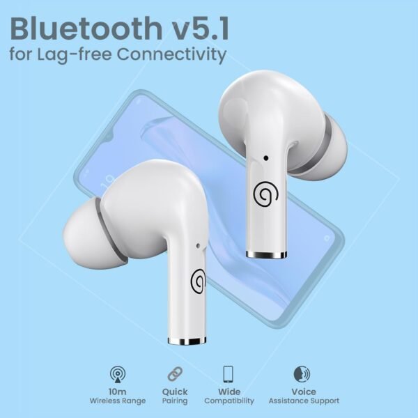 pTron Basspods P181 in-Ear TWS Earbuds with 32Hrs Playtime, Bluetooth 5.1 Wireless Headphones, Type-C Fast Charging, IPX4 & Voice Assist (Pearl White) - Image 3