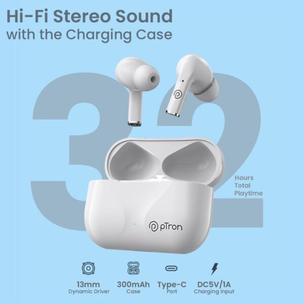 pTron Basspods P181 in-Ear TWS Earbuds with 32Hrs Playtime, Bluetooth 5.1 Wireless Headphones, Type-C Fast Charging, IPX4 & Voice Assist (Pearl White) - Image 2