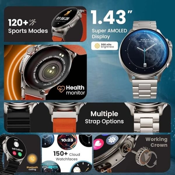 Boult Newly Launched Crown R Pro Smart Watch 1.43''HD AMOLED, Bluetooth Calling, Working Crown, Zinc Alloy Frame - Image 2