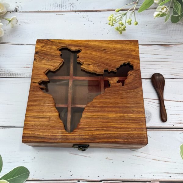 Handcrafted India Map Wooden Spice Box with Clear Lid