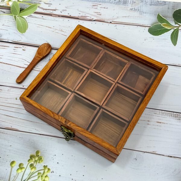 Premium Wooden Spice Box 8"x8"x2" with 9 Compartments, Spoon & Clear Lid